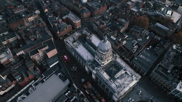 Aerial drone view over Nottingham Town city centre, Council House, Old Market Square, Nottingham Winter Wonderland, Nottingham, Nottinghamshire, England, United Kingdom, Europe