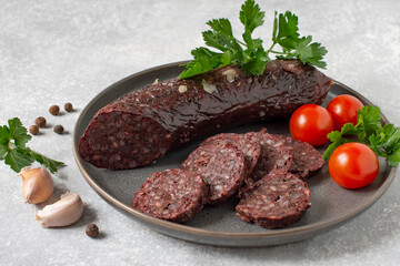 Delicious homemade blood sausage with garlic and spices