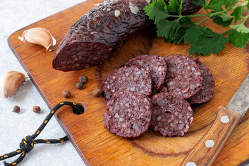 Delicious homemade blood sausage with garlic and spices