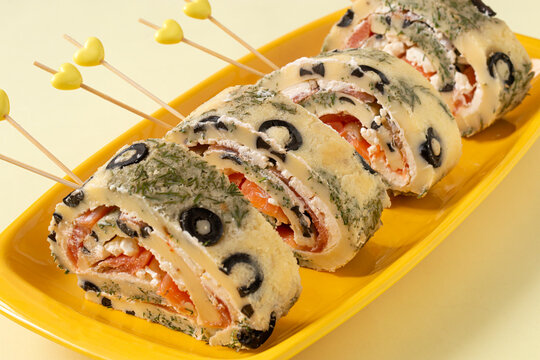 Festive roll with salmon and cream cheese