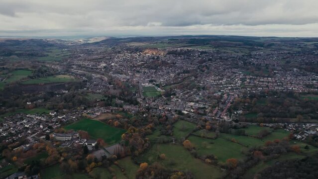 Aerial drone view over Riber Castle in Matlock, Derbyshire, England, United Kingdom, Europe
