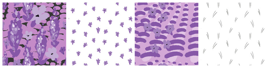 Abstract lavender seamless pattern set. Modern botanical vector background for product packaging in romantic, rustic style. Lavandula harvest collection.