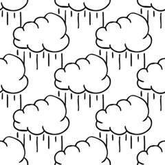 Seamless pattern with rainy clouds. Black and white doodle rainy clouds. Doodle cumulonimbus icons. cumulonimbus seamless pattern