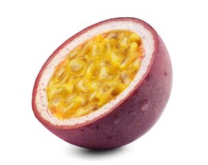 Half of passion fruit in water drops isolated on white background. Fresh fruits.