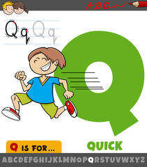 letter Q from alphabet with quick word cartoon