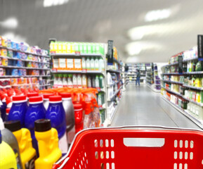 shopping in supermarket.(washing powder,detergent,shampoo, soap)