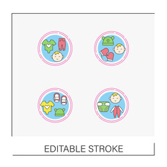 Baby concept icons set. Baby products. Treatment, toys and present for kids.Vector isolated conception metaphor illustrations.Editable stroke