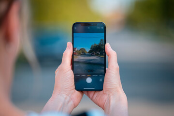 Woman hand holding camera phone and takes photos