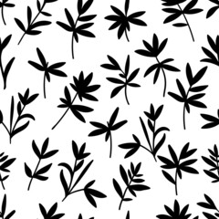 Pattern of flower silhouettes in black and white style, black herbs pattern on white background 