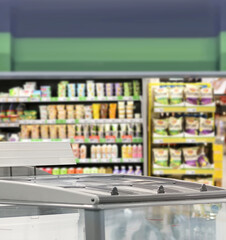 empty supermarket,frozen food from a supermarket freezer.