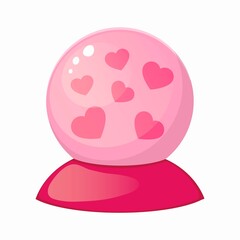 Pink crystal ball with hearts cartoon vector illustration on white background.