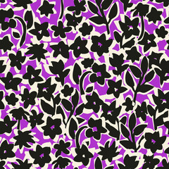 Botanical vector background with painted flowers. Hand drawn, floral seamless pattern. Craftdrawn retro styled small scaled fashion print for fabric, paper, home textile and goods