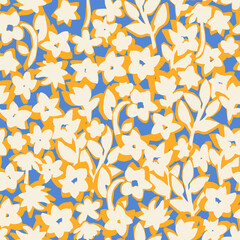 Floral seamless pattern. Botanical vector background with painted flowers. Hand drawn meadow. Craftdrawn retro styled small scaled fashion print for fabric, paper, home textile and goods