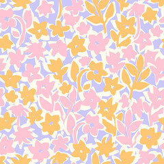 Floral seamless pattern. Botanical vector background with painted flowers. Hand drawn meadow. Craftdrawn retro styled small scaled fashion print for fabric, paper, home textile and goods