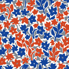 Floral seamless pattern. Botanical vector background with painted flowers. Hand drawn meadow. Craftdrawn retro styled small scaled fashion print for fabric, paper, home textile and goods