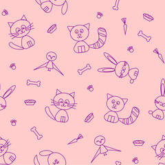 seamless pattern with animals, pets, cat, dog, bird, raccoon, hare, rabbit, bone, bowl, food, carrot, paw, drawing, illustration, background, wallpaper, cute, pink background