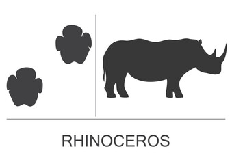 Silhouette and footprints of a rhinoceros. Vector illustration isolated on white background. © OnD