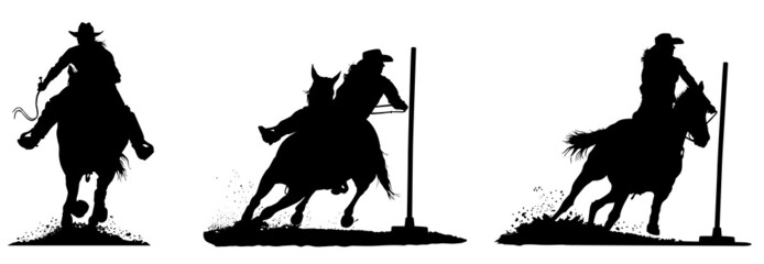 Three (3) vector silhouettes of a rodeo cowgirl pole bending.