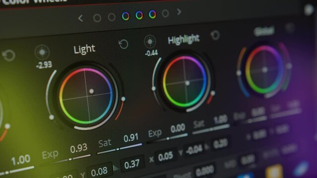 Close-up of color grading. Postproduction. Professional photo and video editing software. Ring of light and hightlight. HDRI. 
