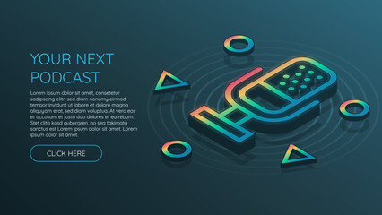Isometric podcast microphone with rainbow gradient on blue background. Extended with different shapes.