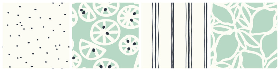 Mint citrus seamless pattern set with simple coordinating designs for kitchen textile. Trendy soft green and white modern textile print collection.