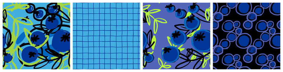 Blueberry seamless pattern set with modern abstract graphic. Colorful blue, navy and green textile vector design. 