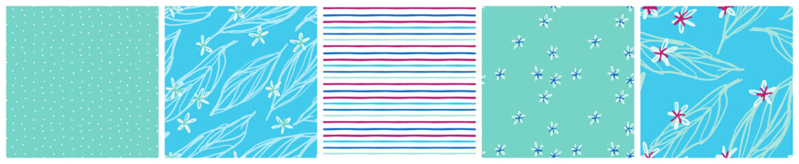 Spring leaf and blossom seamless pattern set in sky blue and mint green backgrounds. Romantic modern style textile design.