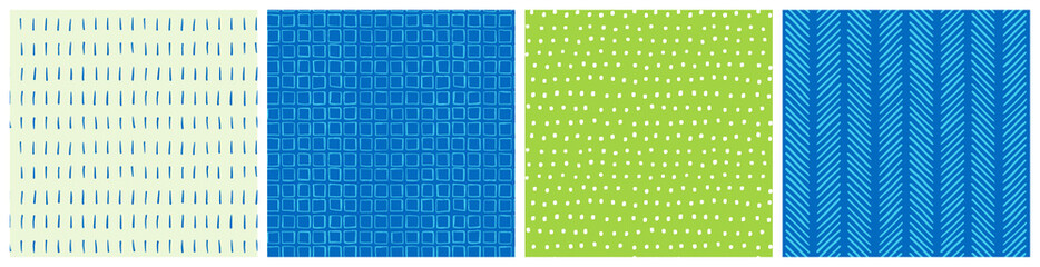 Colorful simple geometric seamless pattern set. Blue and lime green vector background design with herringbone, dot, square and stroke hand drawn graphic.