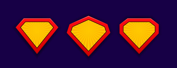 Set superhero shield in retro comic style. Superhero logo isolated on blue backdrop. Vector illustration © NazArt