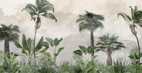 Tropische Palmblätter. Wandbild, Tapete für den Innendruck. 3D-Darstellung