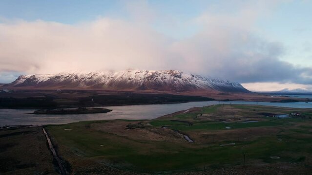Mountain panorama, volcanic landscape,above, aerial view, wild nature at sunset, Icelandic Highlands, Pakgil, Suourland, Iceland, Polar Regions