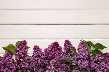 Lilac branches on wooden background, top view. Spring flowers concept