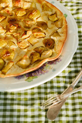 Traditional homemade apple pie. Dutch baby pancake. Top view