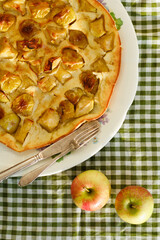 Traditional homemade apple pie. Dutch baby pancake. Top view