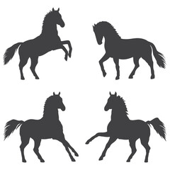 Silhouettes of prancing horses, icons set. Vector illustration isolated on white background.