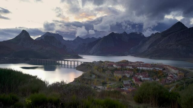 Riano cityscape timelapse at sunset, Riano, Leon, Picos de Europa National Park, Spain, Europe