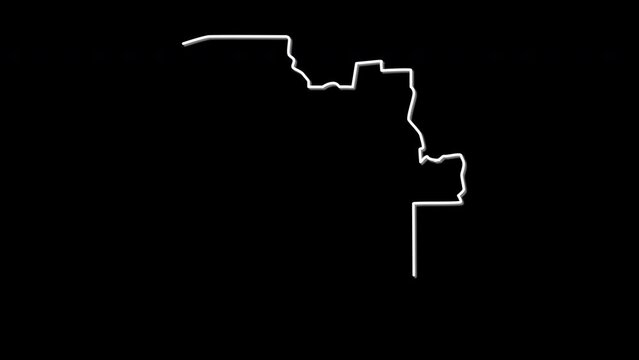 Angola map self drawing animation. Line art. Black background.