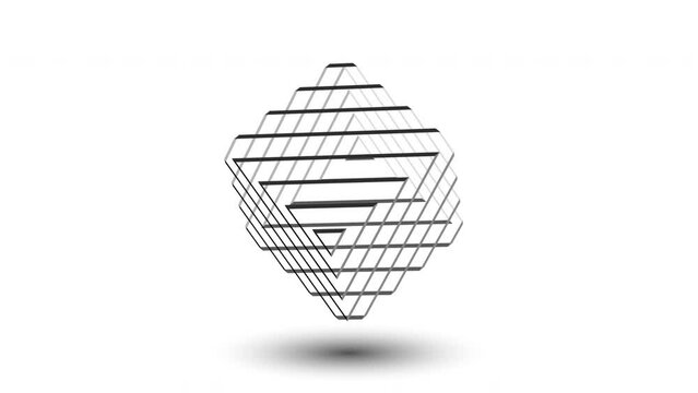 Animated 3D Transparent Black and White Cube from Grid. Abstract Rotating Object with Shadow Isolated on White Background. Psychedelic Futuristic Wallpaper. Loop Seamless Stock Footage. 3D Graphic