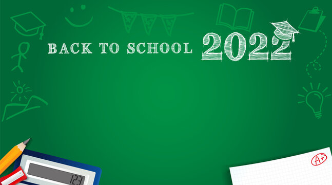 Back to School 2022 banner concept. Class blackboard and chalk handdrawn style typography. Isolated abstract graphic design template. Cute photo frame. Educational bg with clearance. School board.
