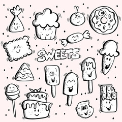 Set of various sweets doodles illustrations. Vector hand drawn simple sweets and candies sketches with cute smily faces.