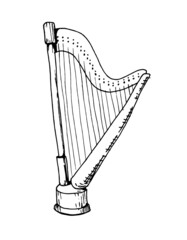 Irish Harp. Hand drawn Vector illustration of vintage classical Music Instrument. Sketch of Lyre in doodle style