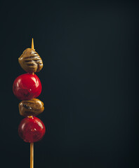 skewer with a set of grilled green olives and small tomatoes on a black background, close-up, side view, copyspace