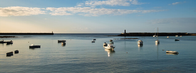 Fishing boats docked in bay. Arrecife town. Lanzarote Island