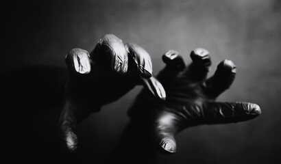Background of hands in black gloves. Horror and hand monsters. Black hand gestures.