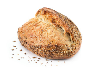 Organic sourdough bread with sunflower seeds, sesame and flax on a white background. Healthy bread recipe