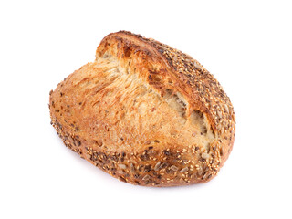 Organic sourdough bread with sunflower seeds, sesame and flax on a white background. Healthy bread recipe