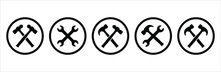 Hammer and wrench icon set. Hammers vector icons set. Simple flat design. Symbol or sign for web button, smith, blacksmith, metalwork, repair, carpenter, carpentry, and builder.