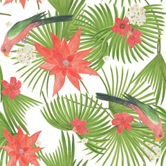 Watercolor painting seamless pattern with australian king parrots and tropical red flowers - 504007977