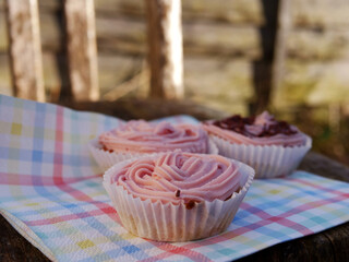 Home baked cupcake decorated with pink frosting in the garden 
