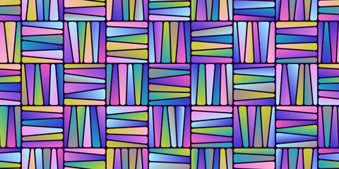 Abstrac Pastel Horizontal Seamless Pattern of Asymmetric Geometric Shapes of Different Gradient Colors.